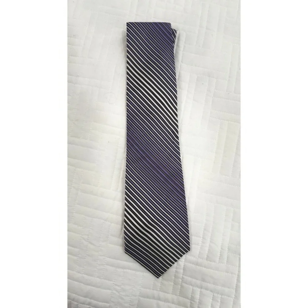Lugano Italia Mens Silk Necktie Purple Black White Diagonal‎ Striped Hand Made